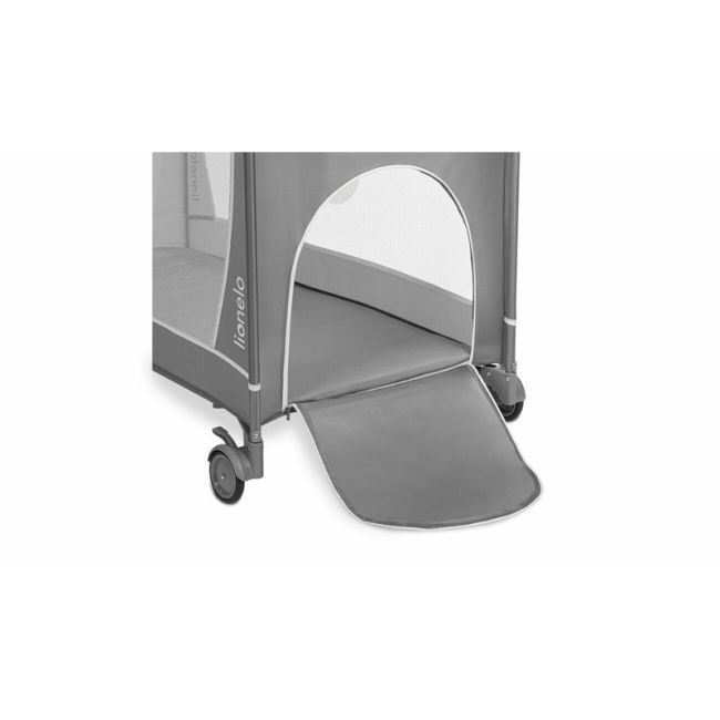 Lionelo - Patut pliant cu doua nivele Flower , Cu arcada, Geanta transport, Masuta de infasat, Bara cu jucarii, Fereastra laterala, 120x60 cm, Conform cu standardele europeane de securitate EN 716 si EN12221, Gri BYNLO-FLOWER_GREY_STONE