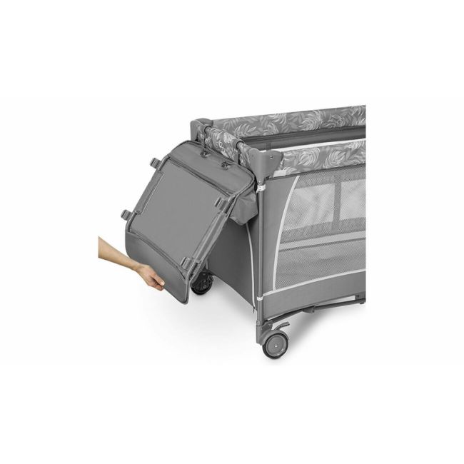 Lionelo - Patut pliant cu doua nivele Flower , Cu arcada, Geanta transport, Masuta de infasat, Bara cu jucarii, Fereastra laterala, 120x60 cm, Conform cu standardele europeane de securitate EN 716 si EN12221, Gri BYNLO-FLOWER_GREY_STONE