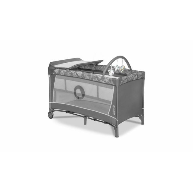 Lionelo - Patut pliant cu doua nivele Flower , Cu arcada, Geanta transport, Masuta de infasat, Bara cu jucarii, Fereastra laterala, 120x60 cm, Conform cu standardele europeane de securitate EN 716 si EN12221, Gri BYNLO-FLOWER_GREY_STONE