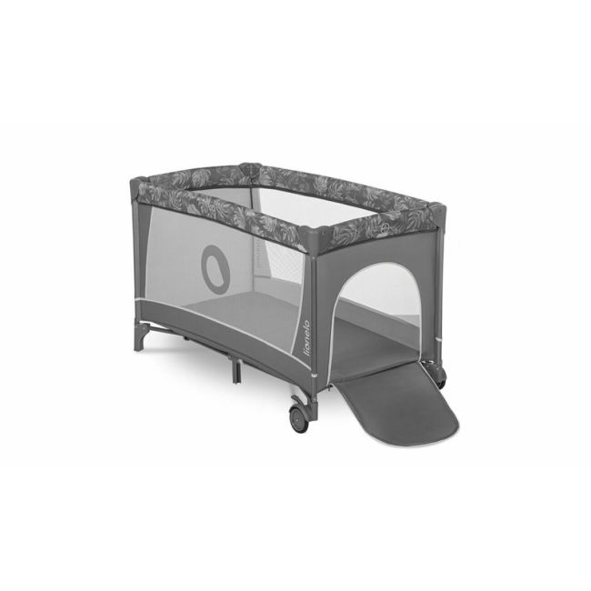 Lionelo - Patut pliant cu doua nivele Flower , Cu arcada, Geanta transport, Masuta de infasat, Bara cu jucarii, Fereastra laterala, 120x60 cm, Conform cu standardele europeane de securitate EN 716 si EN12221, Gri BYNLO-FLOWER_GREY_STONE