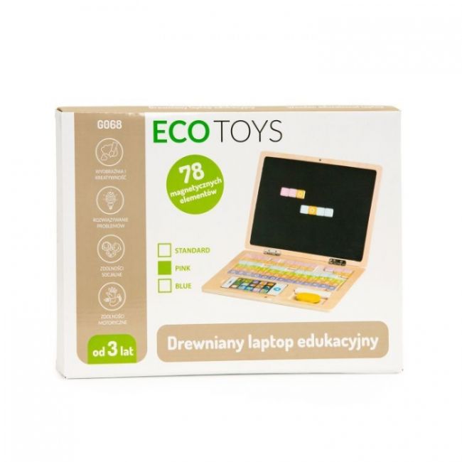 Laptop educational din lemn cu magnet si taste din lemn ecotoys g068 - roz edeedig068pink
