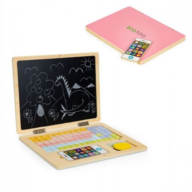 Laptop educational din lemn cu magnet si taste din lemn ecotoys g068 - roz edeedig068pink
