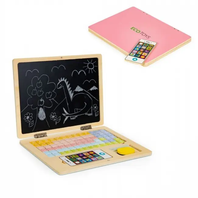 Laptop educational din lemn cu magnet si taste din lemn ecotoys g068 - roz edeedig068pink