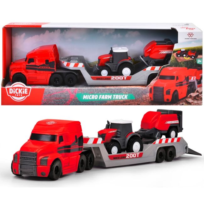 Camion dickie toys massey ferguson micro farm truck 32 cm cu tractor si presa de balotat hubs203735004