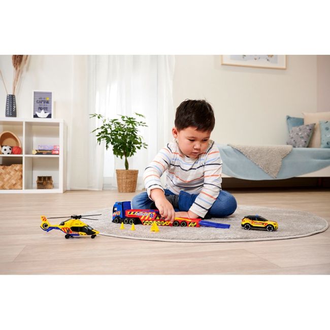 Set dickie toys rescue transporter 40 cm cu camion, masina, elicopter si accesorii hubs203717005