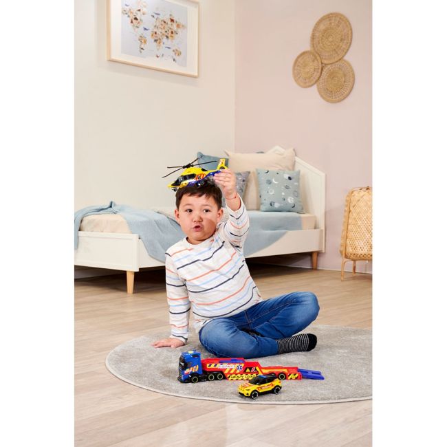 Set dickie toys rescue transporter 40 cm cu camion, masina, elicopter si accesorii hubs203717005