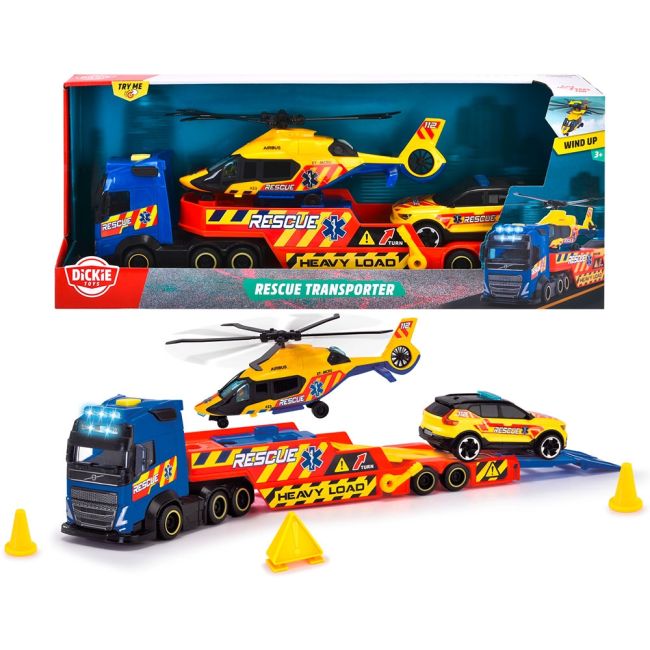 Set dickie toys rescue transporter 40 cm cu camion, masina, elicopter si accesorii hubs203717005