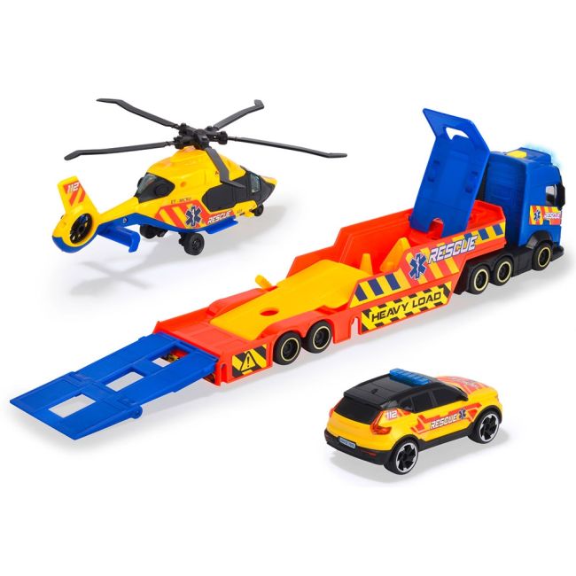 Set dickie toys rescue transporter 40 cm cu camion, masina, elicopter si accesorii hubs203717005
