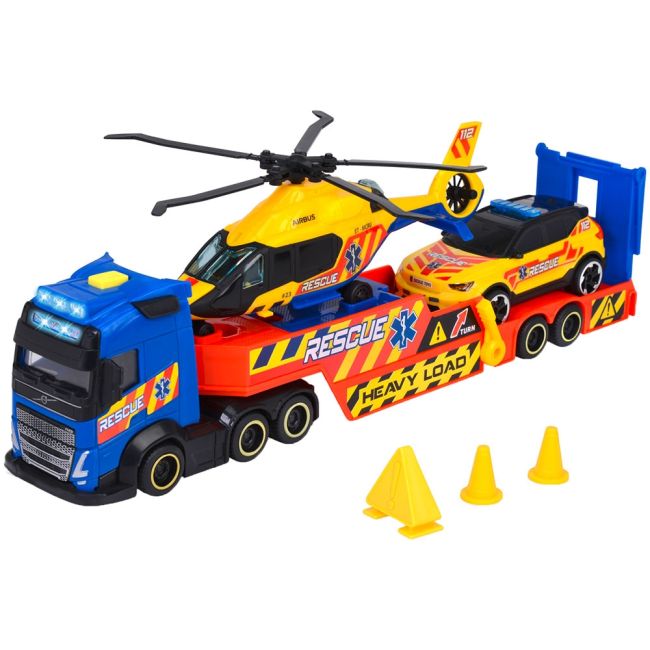 Set dickie toys rescue transporter 40 cm cu camion, masina, elicopter si accesorii hubs203717005