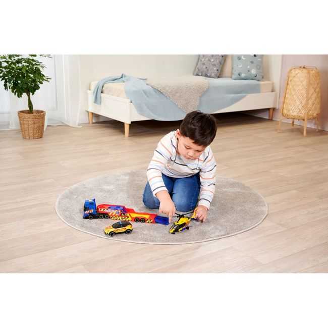 Set dickie toys rescue transporter 40 cm cu camion, masina, elicopter si accesorii hubs203717005