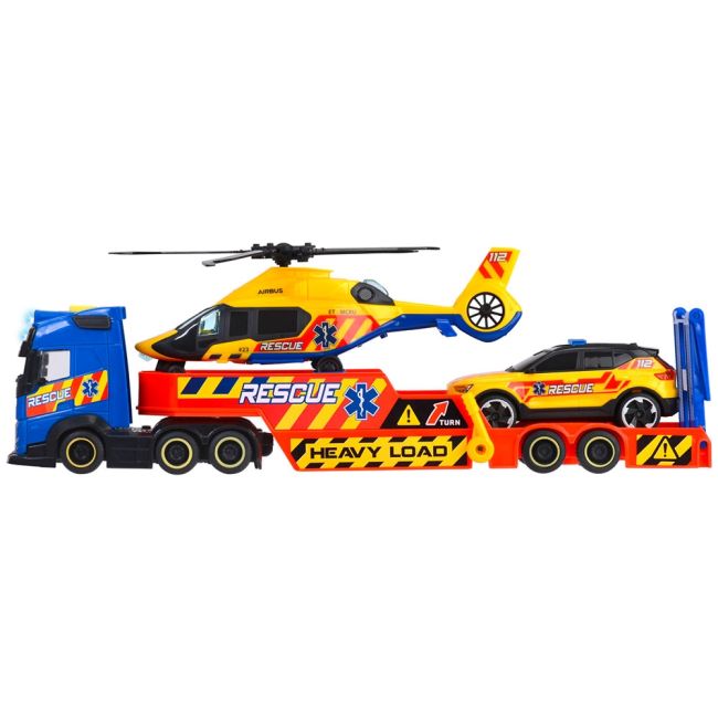 Set dickie toys rescue transporter 40 cm cu camion, masina, elicopter si accesorii hubs203717005