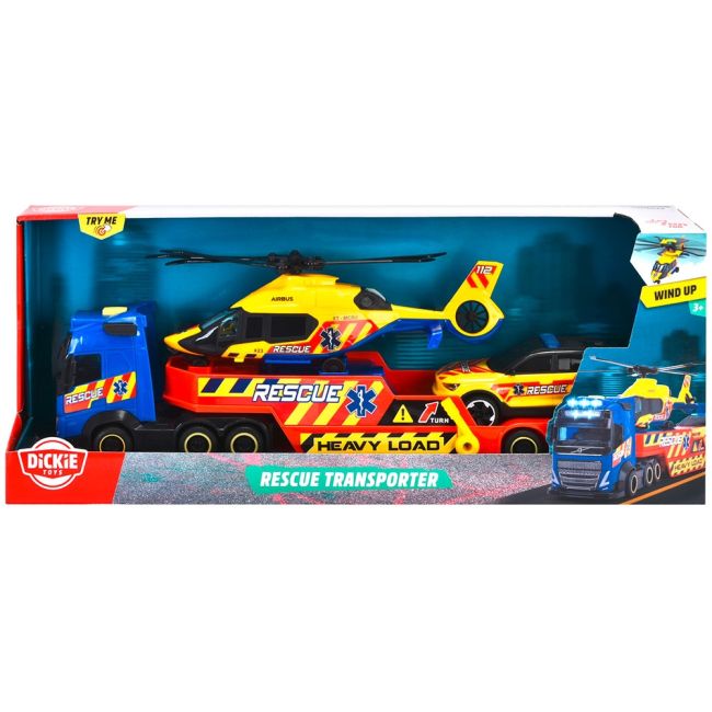 Set dickie toys rescue transporter 40 cm cu camion, masina, elicopter si accesorii hubs203717005