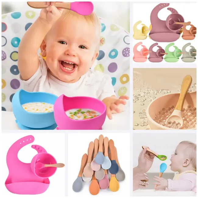 Set din silicon cu bol bavetica si lingurita pentru bebe - Diverse culori ADDTA59