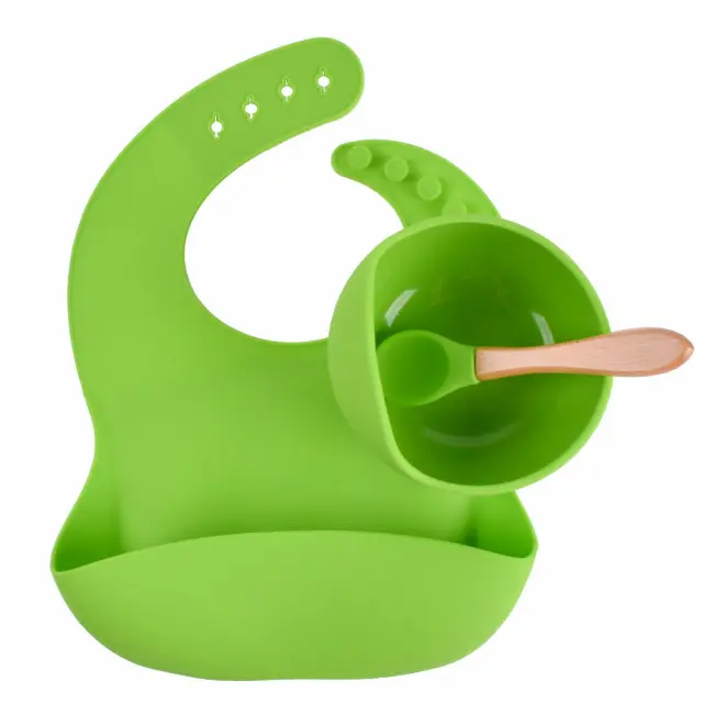Set din silicon cu bol bavetica si lingurita pentru bebe - Diverse culori ADDTA59