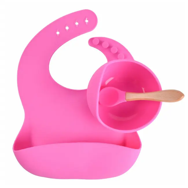 Set din silicon cu bol bavetica si lingurita pentru bebe - Diverse culori ADDTA59