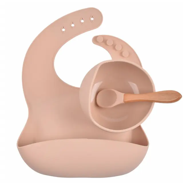 Set din silicon cu bol bavetica si lingurita pentru bebe - Diverse culori ADDTA59