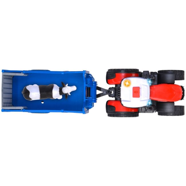 Tractor dickie toys massey ferguson animal trailer 26 cm cu lumini, sunete, remorca si figurina vaca hubs203734003