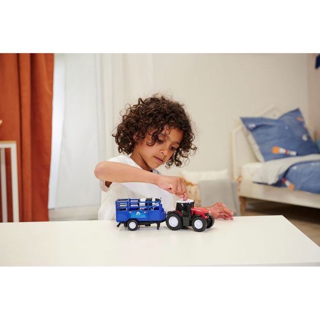 Tractor dickie toys massey ferguson animal trailer 26 cm cu lumini, sunete, remorca si figurina vaca hubs203734003