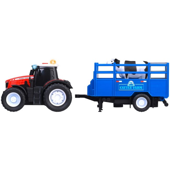 Tractor dickie toys massey ferguson animal trailer 26 cm cu lumini, sunete, remorca si figurina vaca hubs203734003