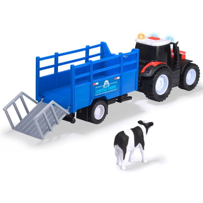 Tractor dickie toys massey ferguson animal trailer 26 cm cu lumini, sunete, remorca si figurina vaca hubs203734003