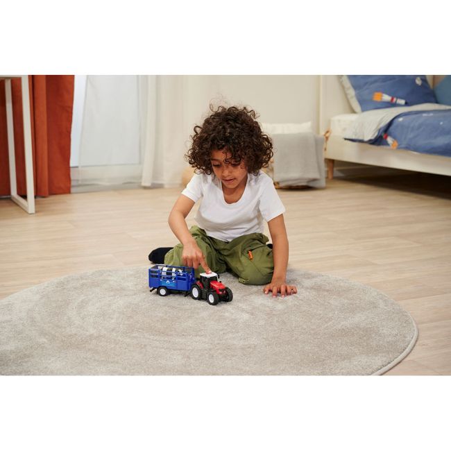 Tractor dickie toys massey ferguson animal trailer 26 cm cu lumini, sunete, remorca si figurina vaca hubs203734003