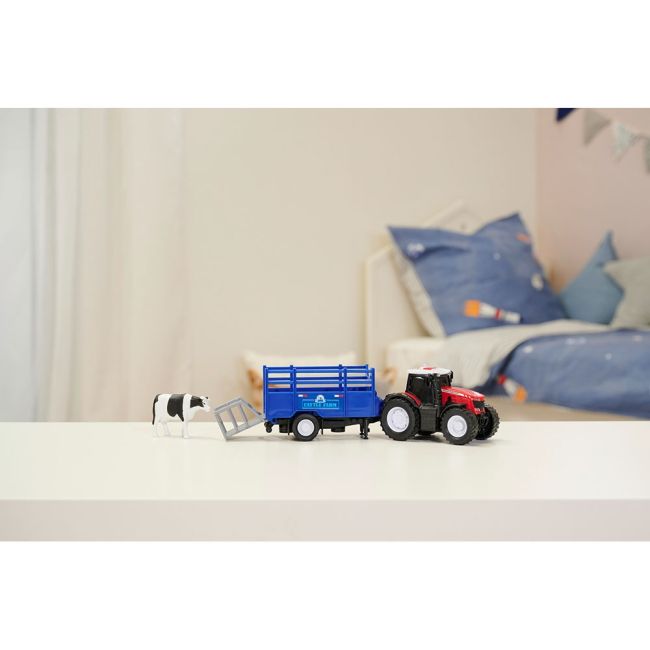 Tractor dickie toys massey ferguson animal trailer 26 cm cu lumini, sunete, remorca si figurina vaca hubs203734003