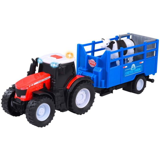 Tractor dickie toys massey ferguson animal trailer 26 cm cu lumini, sunete, remorca si figurina vaca hubs203734003