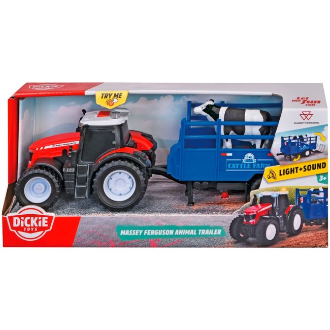 Tractor dickie toys massey ferguson animal trailer 26 cm cu lumini, sunete, remorca si figurina vaca hubs203734003