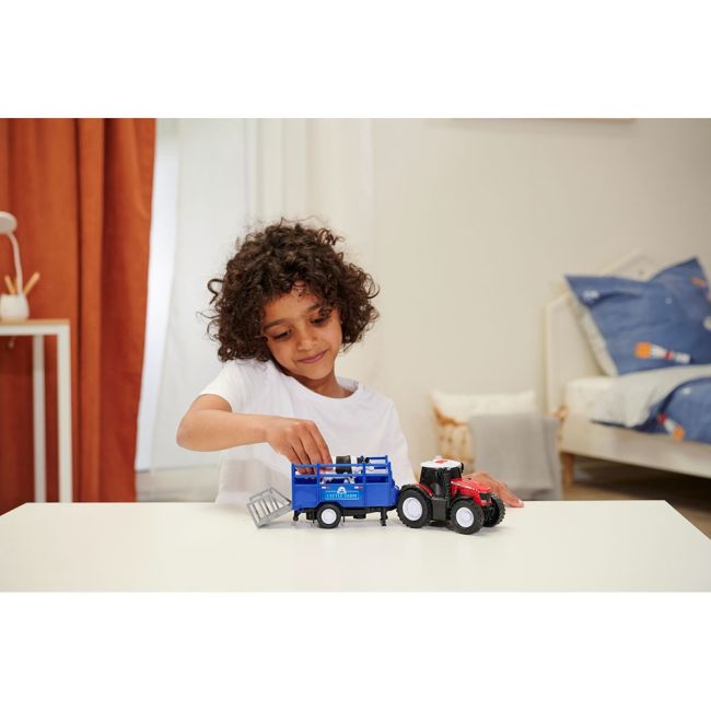 Tractor dickie toys massey ferguson animal trailer 26 cm cu lumini, sunete, remorca si figurina vaca hubs203734003