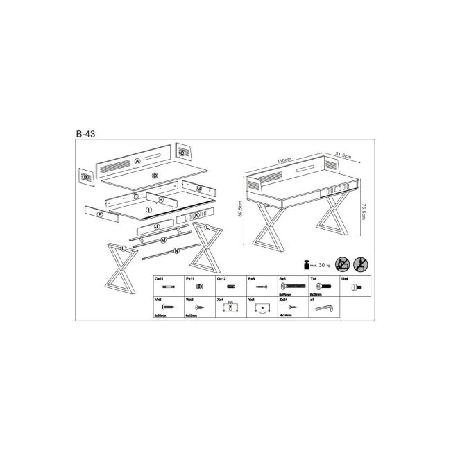 Birou hm b43, cadru metalic, mdf, spatiu depozitare, 110x51x90 cm, stejar/negru drm9593