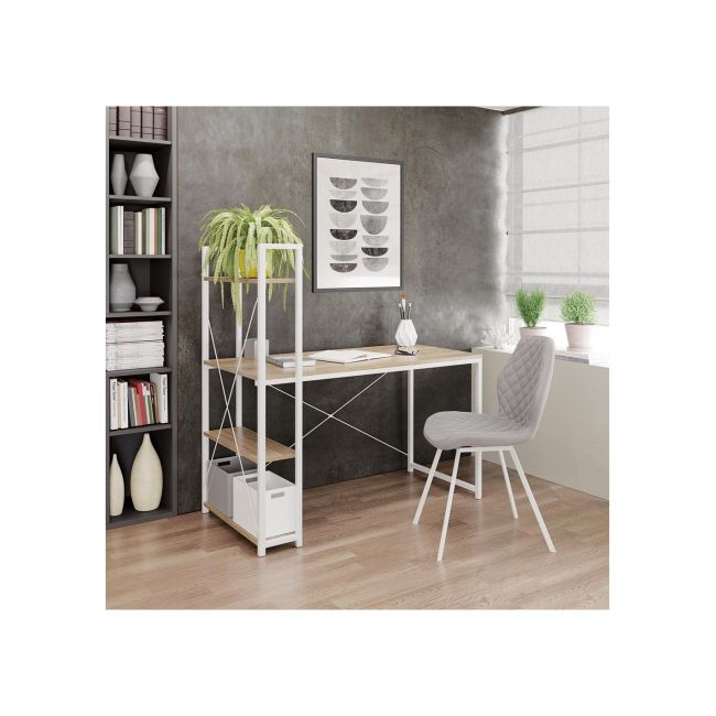 Birou cu rafturi hm narvik b1, industrial, cadru metalic, pal melaminat, 120x64x120 cm, stejar sonoma - alb drm9596