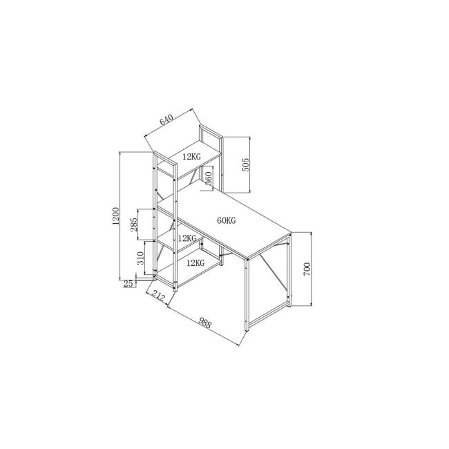 Birou cu rafturi hm narvik b1, industrial, cadru metalic, pal melaminat, 120x64x120 cm, stejar sonoma/negru drm8690
