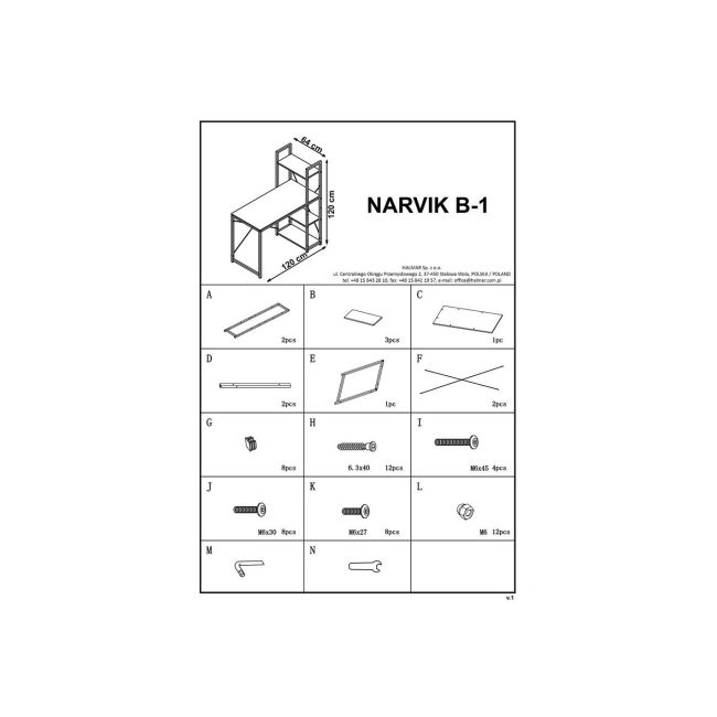 Birou cu rafturi hm narvik b1, industrial, cadru metalic, pal melaminat, 120x64x120 cm, stejar sonoma/negru drm8690