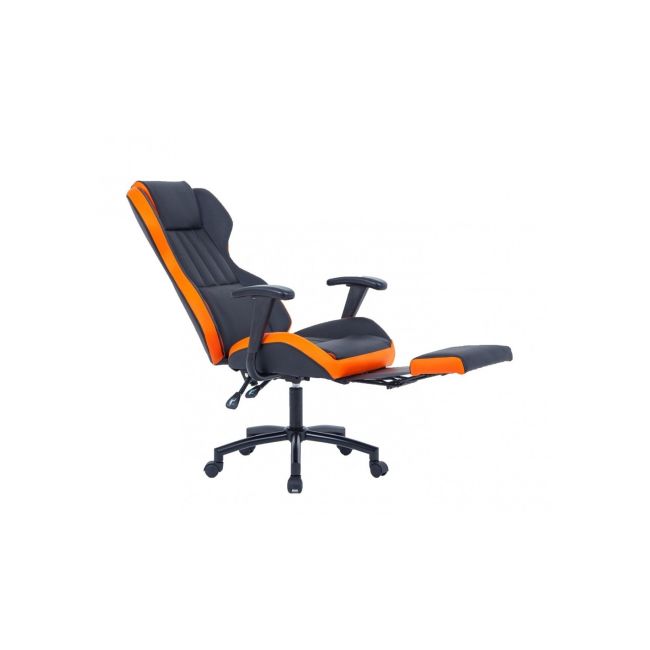 Scaun directorial gn77 kronos, suport picioare retractabil, mecanism multiblock, piele ecologica, baza metalica, 100 kg, negru/portocaliu drm4289