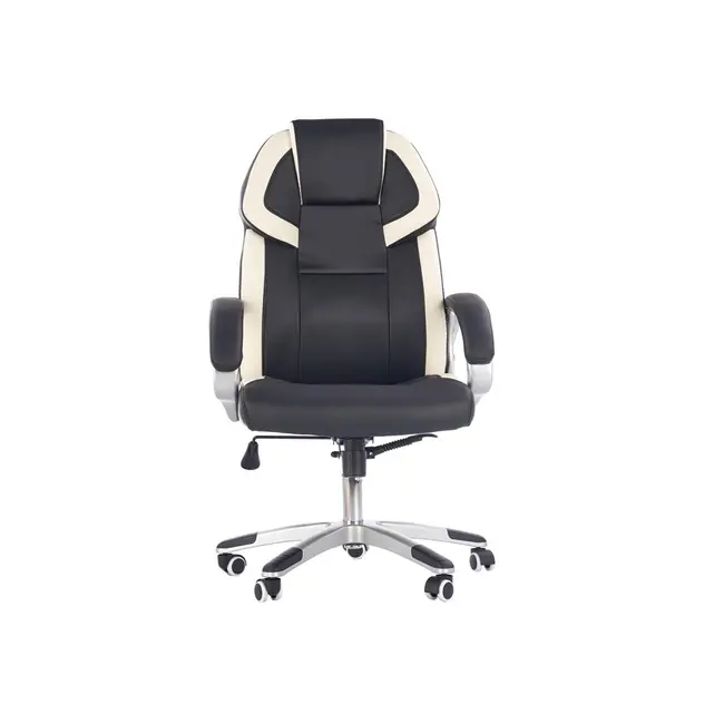 Scaun directorial hm barton, piele ecologica, mecanism balans, roti cauciucate, 120 kg, alb - negru drm4468