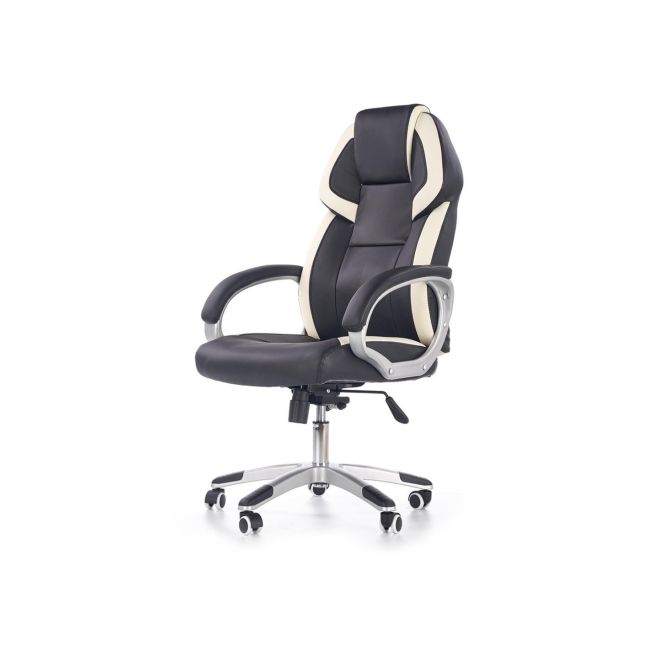 Scaun directorial hm barton, piele ecologica, mecanism balans, roti cauciucate, 120 kg, alb - negru drm4468