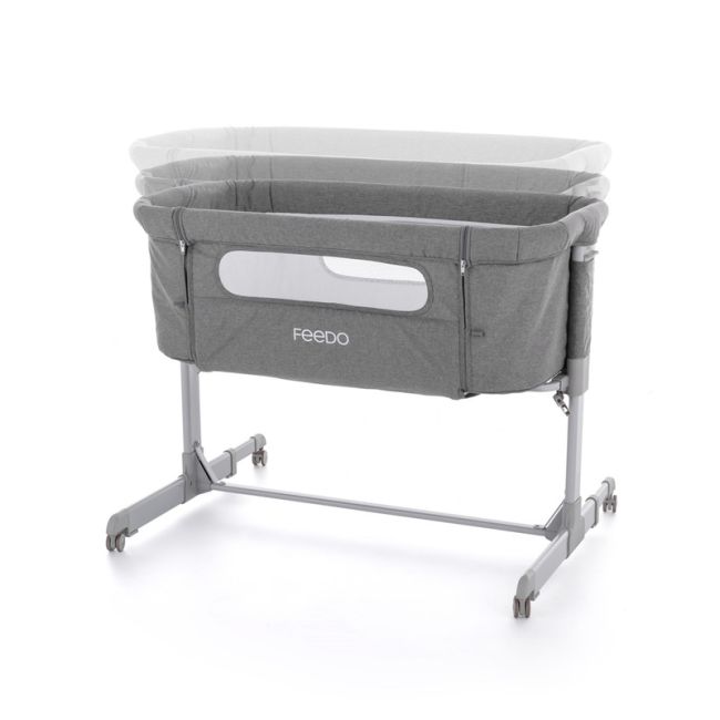 Feedo - Patut co-sleeper, Pliabil, Reglabil in 5 pozitii, Cu laterala detasabila, Include geanta de transport si salteluta, Cu roti, Greutate maxima suportata 9 kg, 0-5 luni, Gri BYN925112