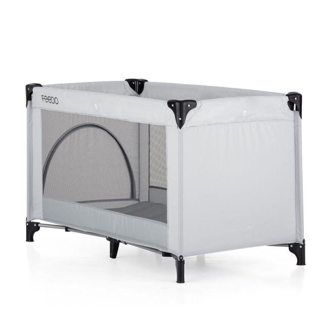 Feedo - Patut de calatorie, Pliabil, Cu geanta de transport inclusa, Cu intrare laterala si inchidere prin fermoar, Greutate maxima suportata 15 kg, 0-30 luni, Gri deschis BYN221795