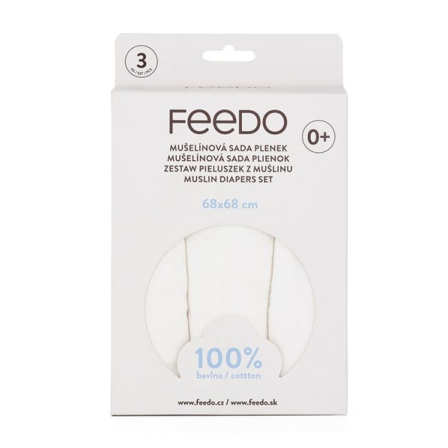 Feedo - Set 3 scutece din muselina, Multifunctionale, Din bumbac certificat Oeko-Tex Standard 100, 68x68 cm, 0 luni+, Alb BYN230202