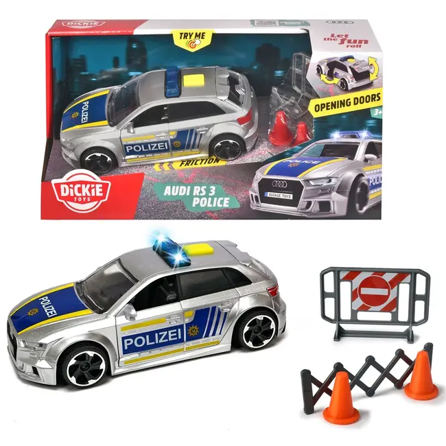 Masina de politie dickie toys audi rs3 1:32 15 cm cu lumini, sunete si accesorii hubs203713016028