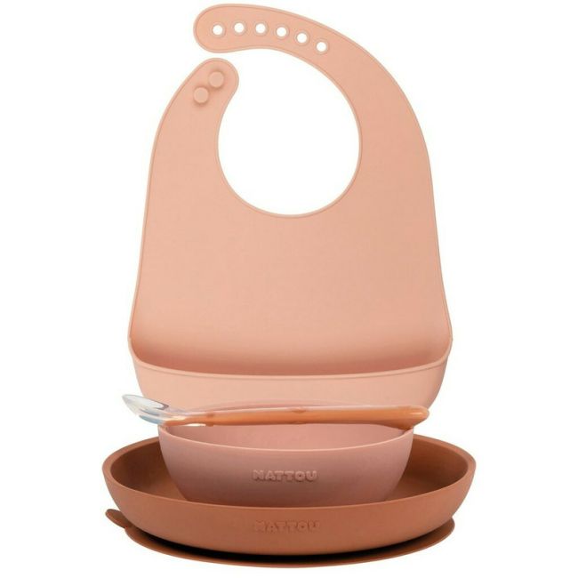 Nattou - Set de masa, Include baveta reglabila cu buzunar de colectare, bol, farfurie si lingurita, Silicon moale, Fara BPA, 4-36 luni+, Portocaliu BYN876810