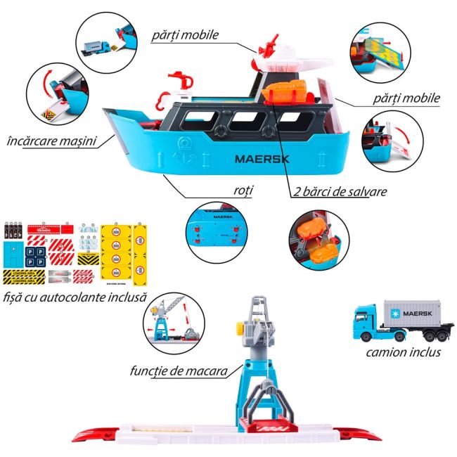Set majorette creatix logistic freight ship cu nava, camion si macara hubs212050039