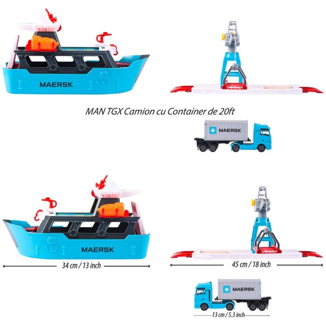 Set majorette creatix logistic freight ship cu nava, camion si macara hubs212050039