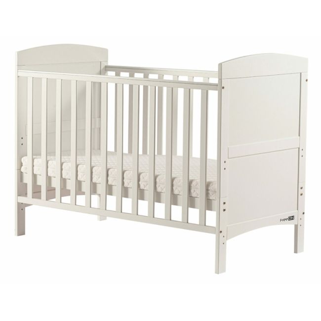 Patut din lemn Lory transformabil pentru bebe si junior, 120x60 cm, Din lemn de pin si mdf, Cu sina speciala pentru dentitie, Stabil si rezistent, Suport pentru saltea reglabil, FreeON, White BYN49157