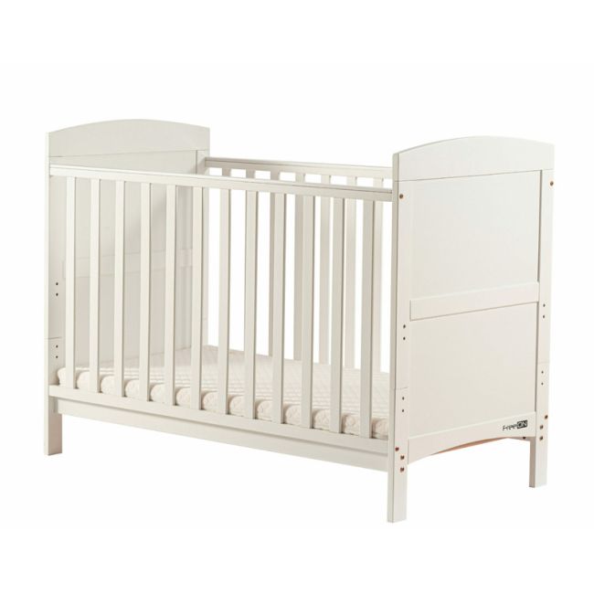 Patut din lemn Lory transformabil pentru bebe si junior, 120x60 cm, Din lemn de pin si mdf, Cu sina speciala pentru dentitie, Stabil si rezistent, Suport pentru saltea reglabil, FreeON, White BYN49157