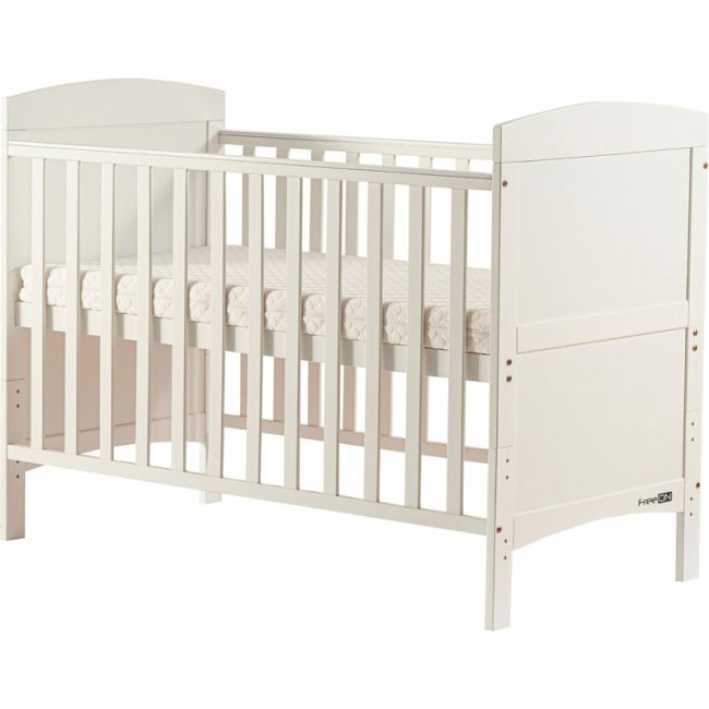 Patut din lemn Lory transformabil pentru bebe si junior, 120x60 cm, Din lemn de pin si mdf, Cu sina speciala pentru dentitie, Stabil si rezistent, Suport pentru saltea reglabil, FreeON, White BYN49157