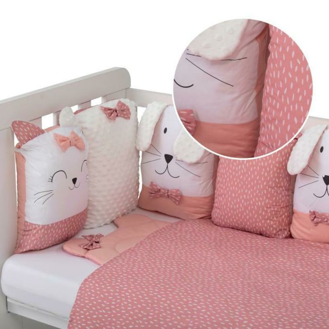 Set lenjerie patut 12 piese, Cu 8 aparatori laterale, Pernuta, Paturica, Husa pentru paturica, Cearceaf pentru saltele 120x60 cm sau 140x70 cm, Bubaba, Sleep Quardian Pink BYN45043