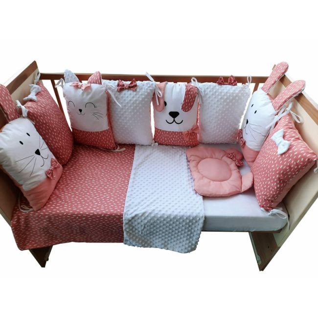 Set lenjerie patut 12 piese, Cu 8 aparatori laterale, Pernuta, Paturica, Husa pentru paturica, Cearceaf pentru saltele 120x60 cm sau 140x70 cm, Bubaba, Sleep Quardian Pink BYN45043