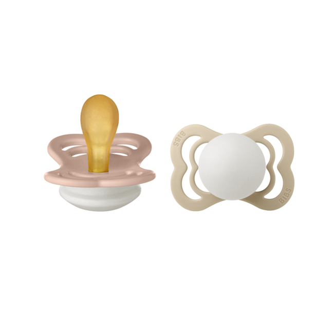 Bibs - set 2 suzete supreme fosforescente glow latex, tetina simetrica, 0 luni +-blush/vanilla bbb170357