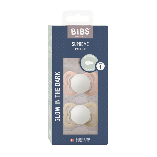 Bibs - set 2 suzete supreme fosforescente glow latex, tetina simetrica, 0 luni +-blush/vanilla bbb170357